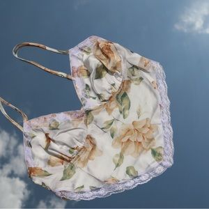 Open back self-tie , lace trim bandana style top in satin material